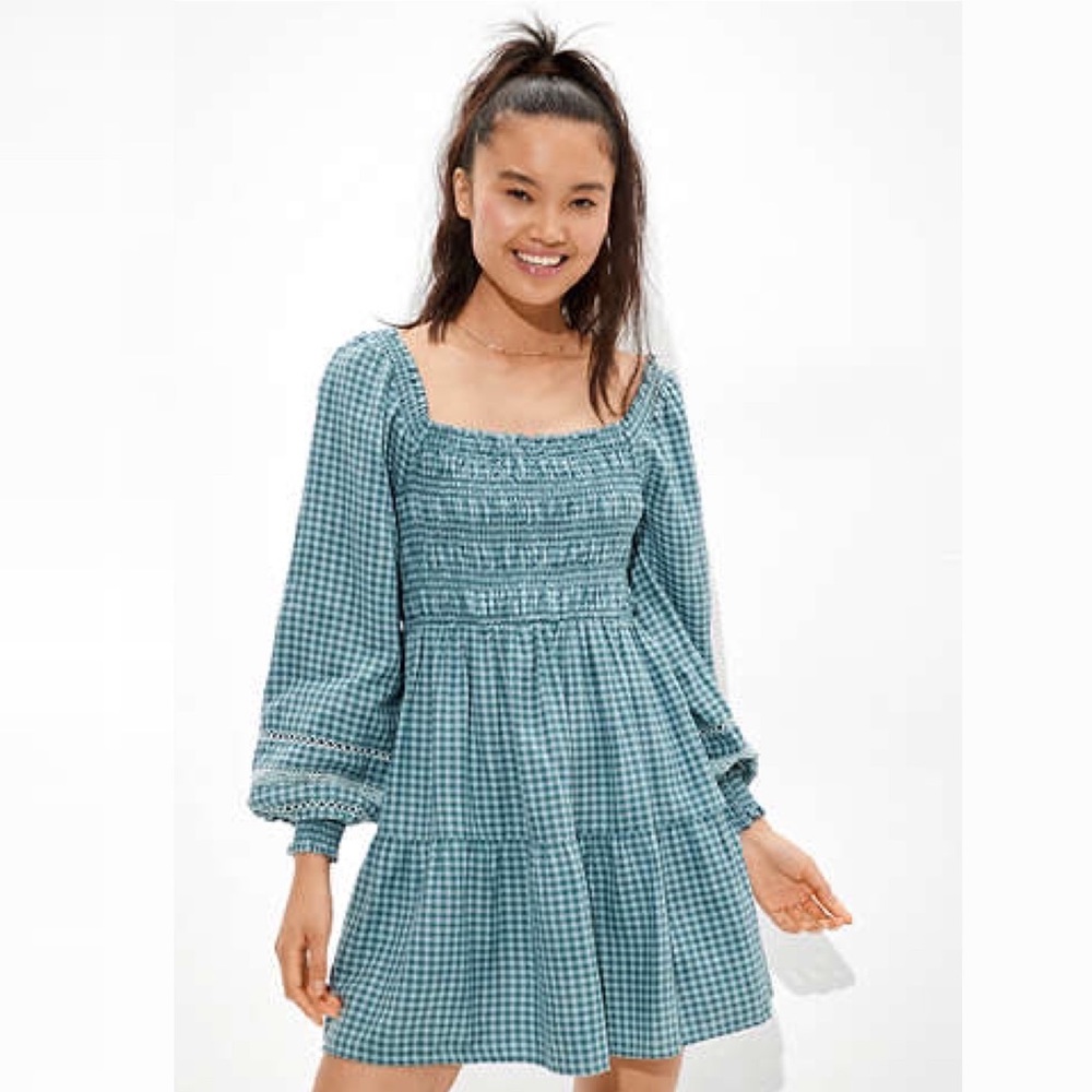 AE Plaid Long-Sleeve Smocked Mini Dress Size SP - Picture 10 of 11